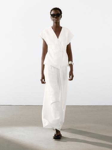 Zara Linen blend crossover kimono with tie detail - Oyster-white - Image 0