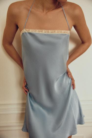 Zara 100% SILK LACE TRIM SLIP DRESS - Light blue marl - Image 0