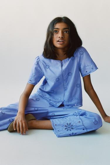 CALÇA RETA BORDADA - Azulado da Zara