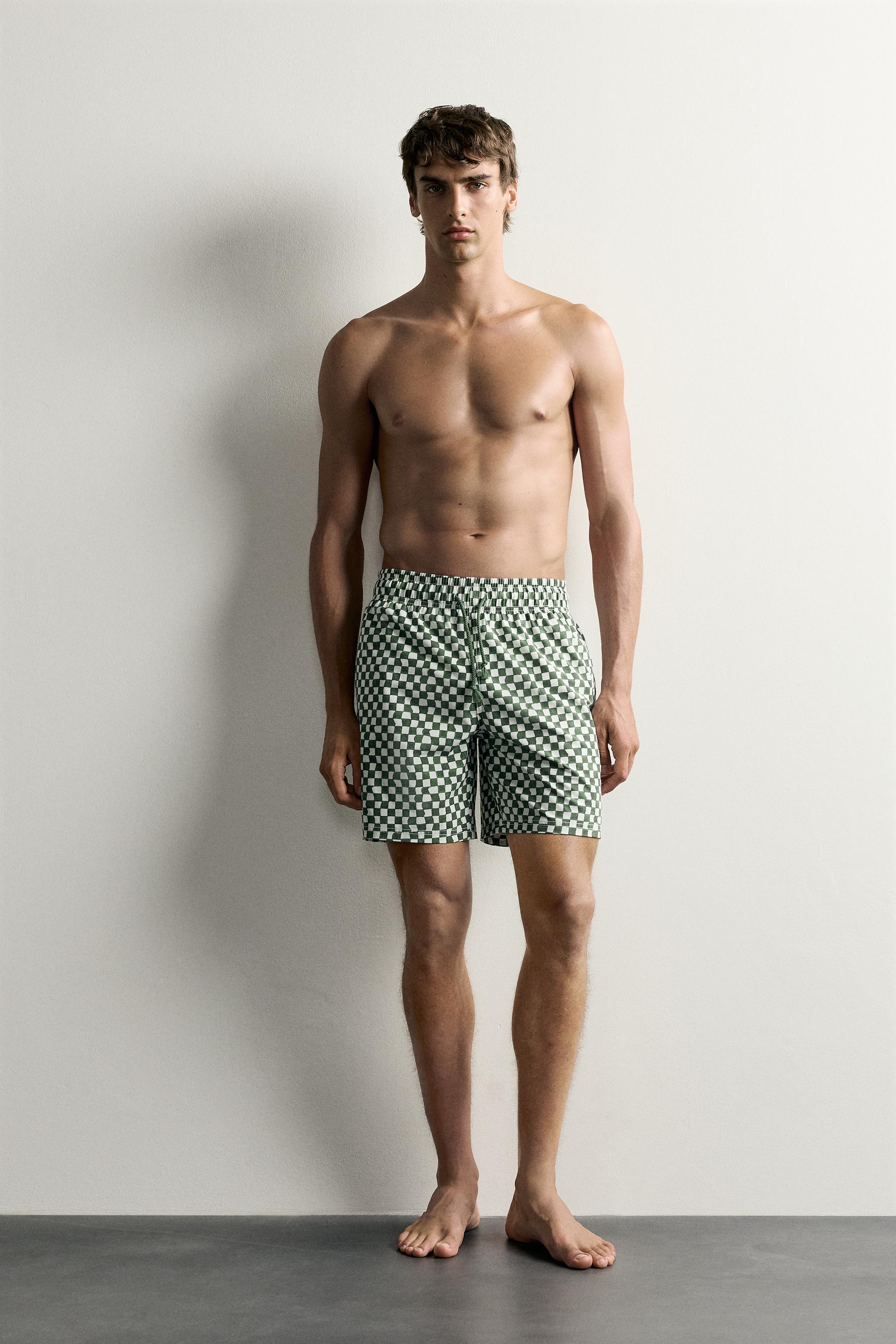 CHECKED LONG SWIM SHORTS — Bottle green