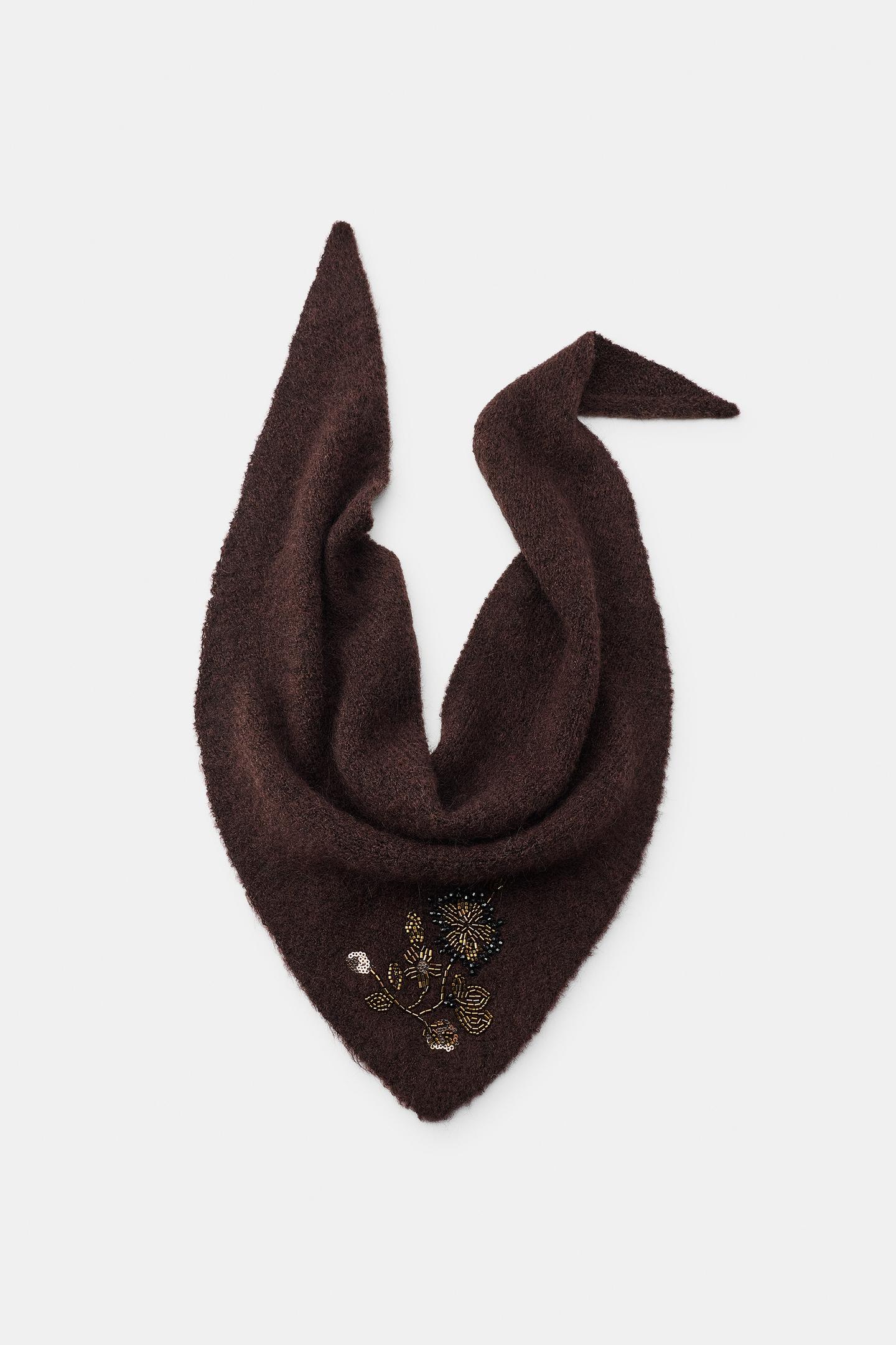 Женские аксессуары Zara Beaded Floral Embroidered Knit Bandana, цвет: Коричневый — фото 4
