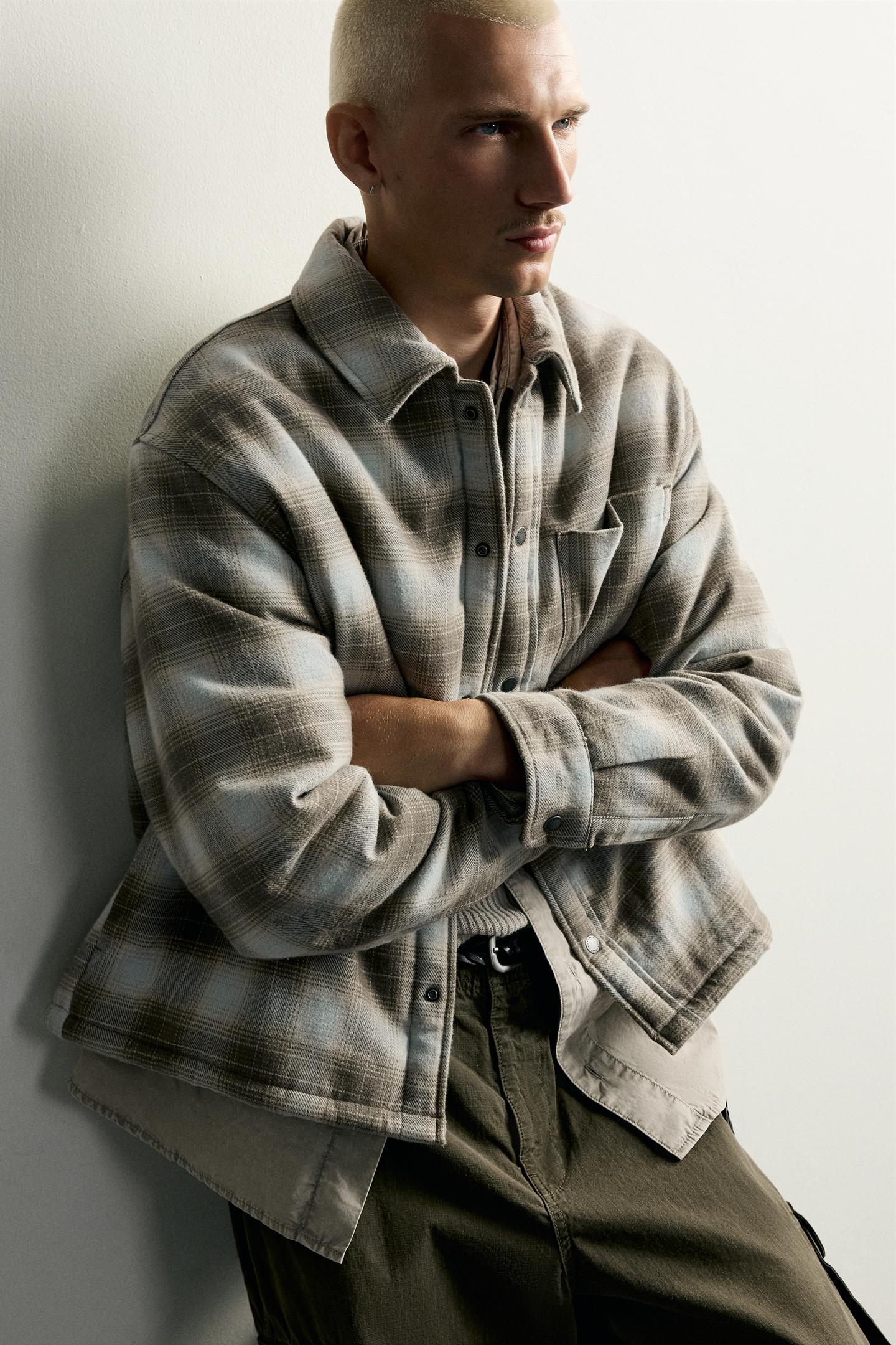 Мужская рубашка Zara Plaid Sherpa-Lined Overshirt, цвет: Серый / Рыжевато-коричневый — фото 5