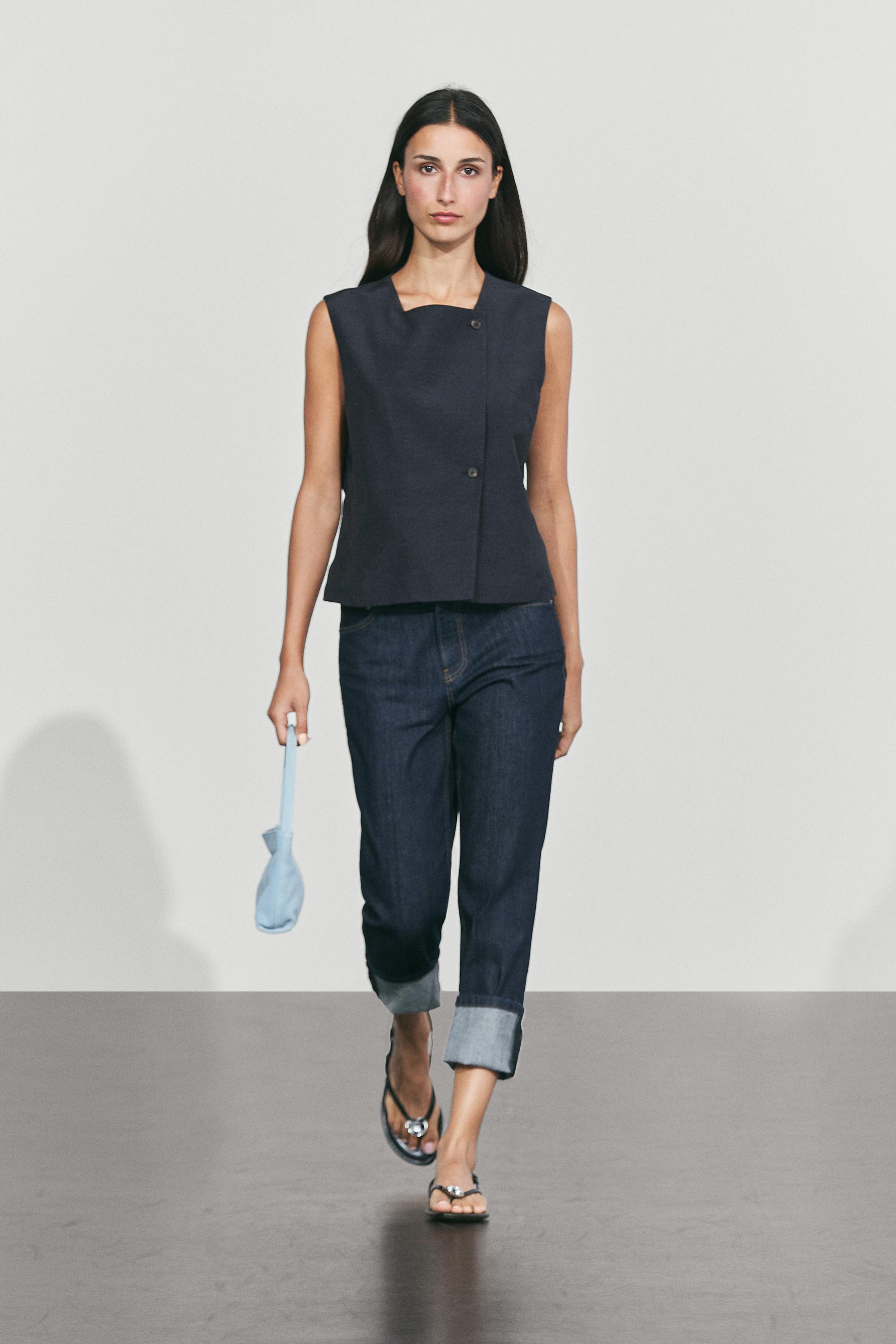 Linen blend asymmetric button-up vest — Navy blue