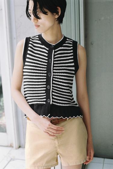 STRIPED KNIT WAISTCOAT TOP - Navy / White by Zara