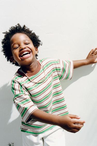 Zara EMBROIDERED LOGO STRIPED T-SHIRT - Ecru / Green