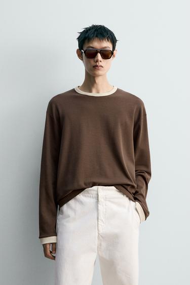LONG SLEEVE T-SHIRT WITH CONTRAST RIB - Brown by Zara