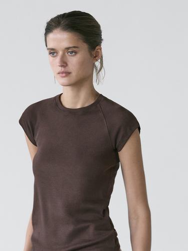 Zara 100% Cotton Short Sleeve Raglan T-Shirt - Brown