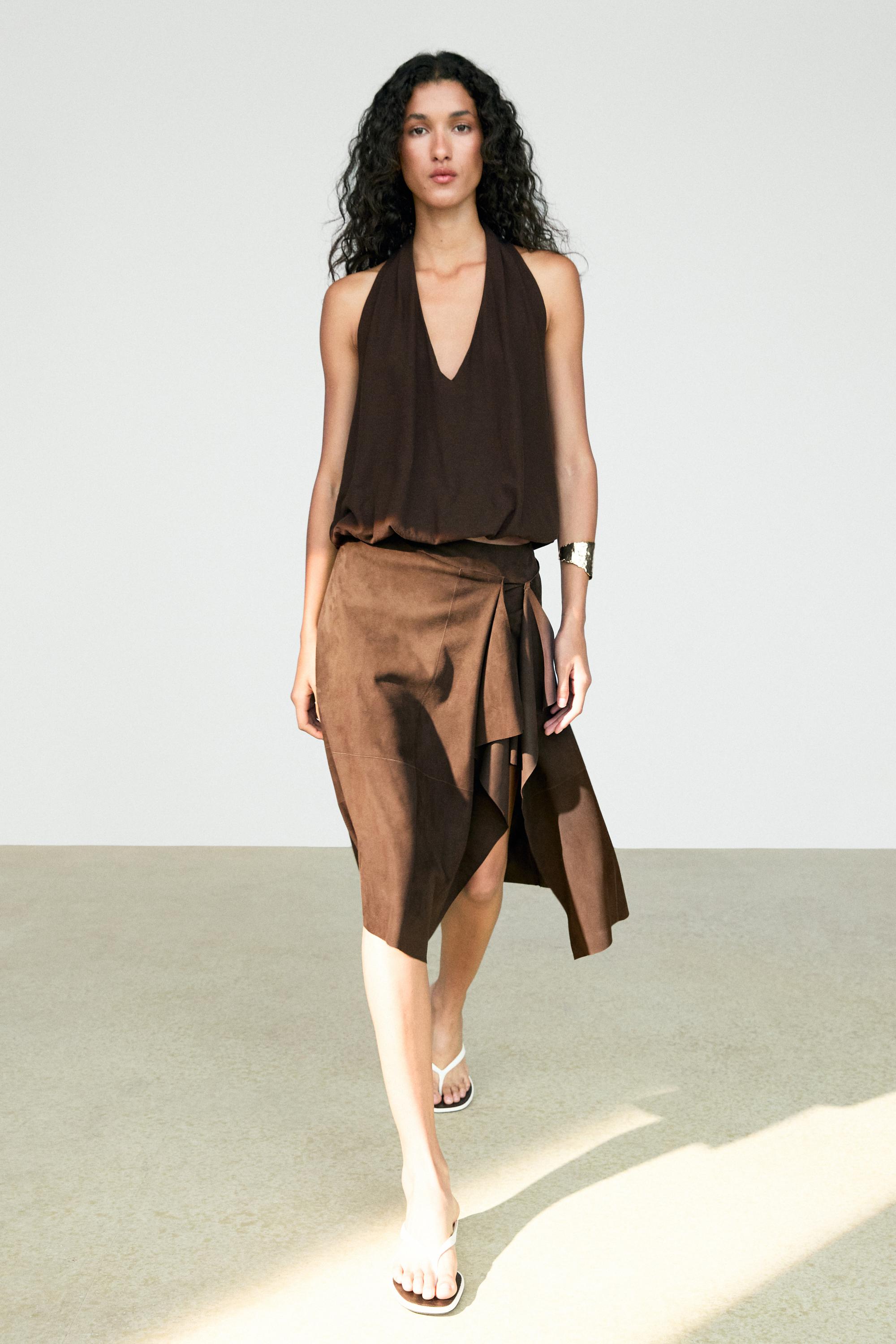 Suede leather midi skirt with ruffle detail - Brown | ZARA United