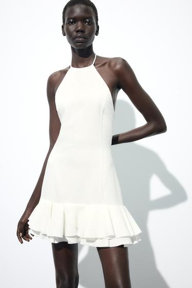 Zara RUFFLED HALTER MINI DRESS - Ecru