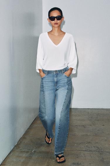 جينز ZW COLLECTION BARREL PATCHWORK بخصر متوسط - أزرق الخاص بـ Zara