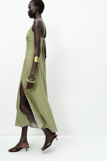 POLKA DOT LINEN BLEND MIDI DRESS - ecru/khaki by Zara - Image 3