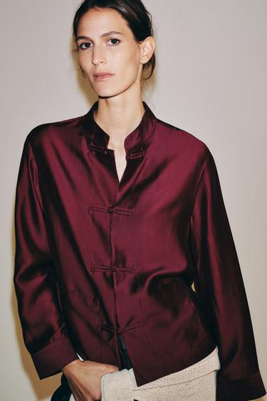 ZW COLLECTION SATIN SHIRT WITH FROG FASTENING - Burgundy by Zara