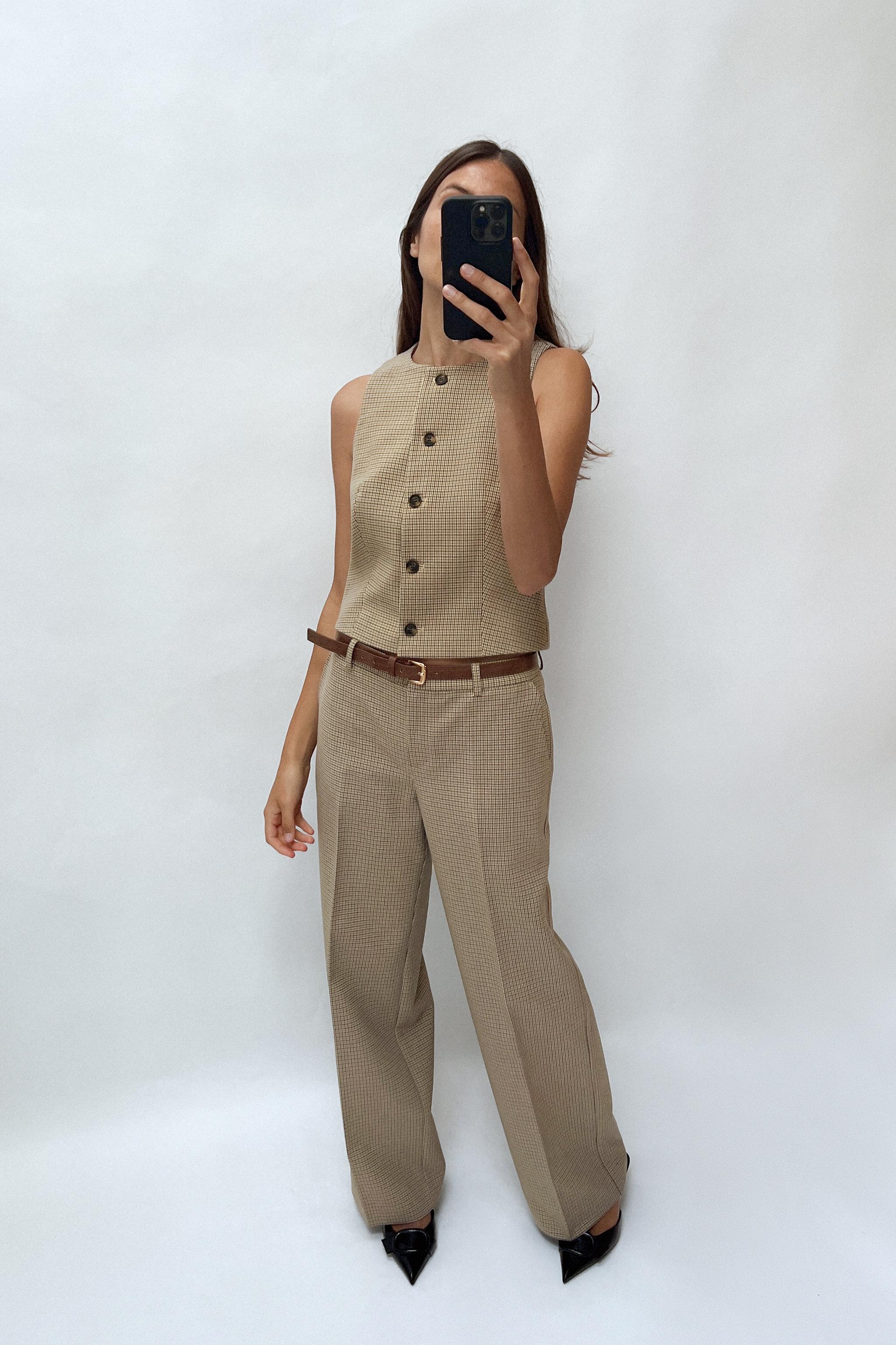 PANTALON A CARREAUX ET CEINTURE Beige Bleu marine ZARA France