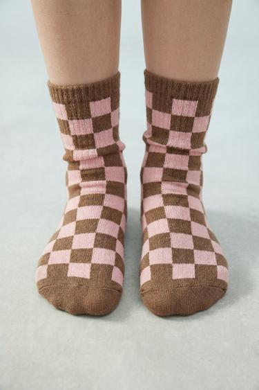 LOT DE DEUX CHAUSSETTES MI-Hautes HIBISCUS ET DAMIER - Marron de Zara