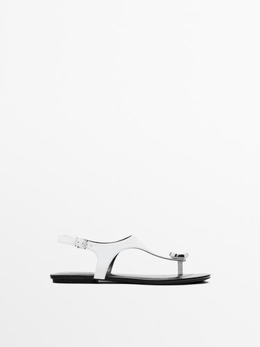 Zara Flat leather sandals with embellished detail - White