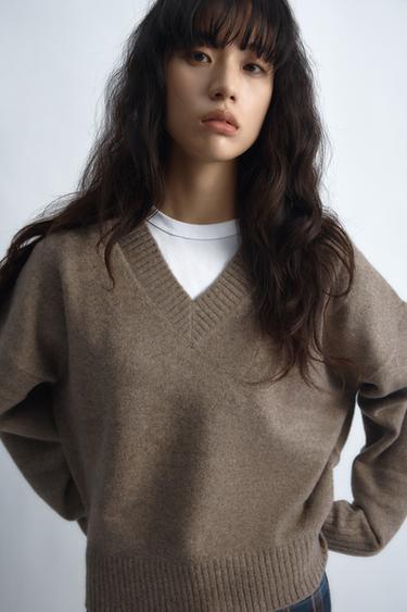 Zara SOFT KNIT V-NECK JUMPER - Mink marl