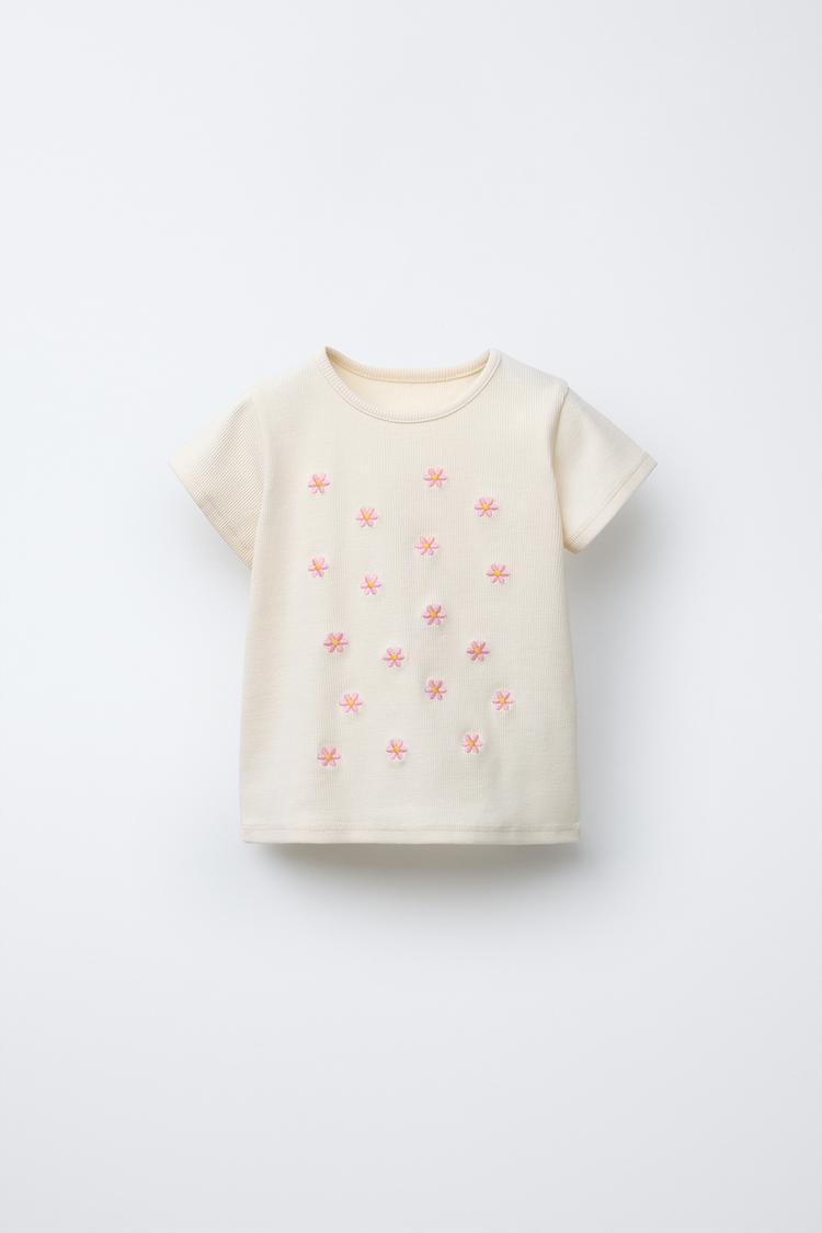 花柄刺繍入りリブ地Tシャツ - エクリュ | ZARA Japan / 日本