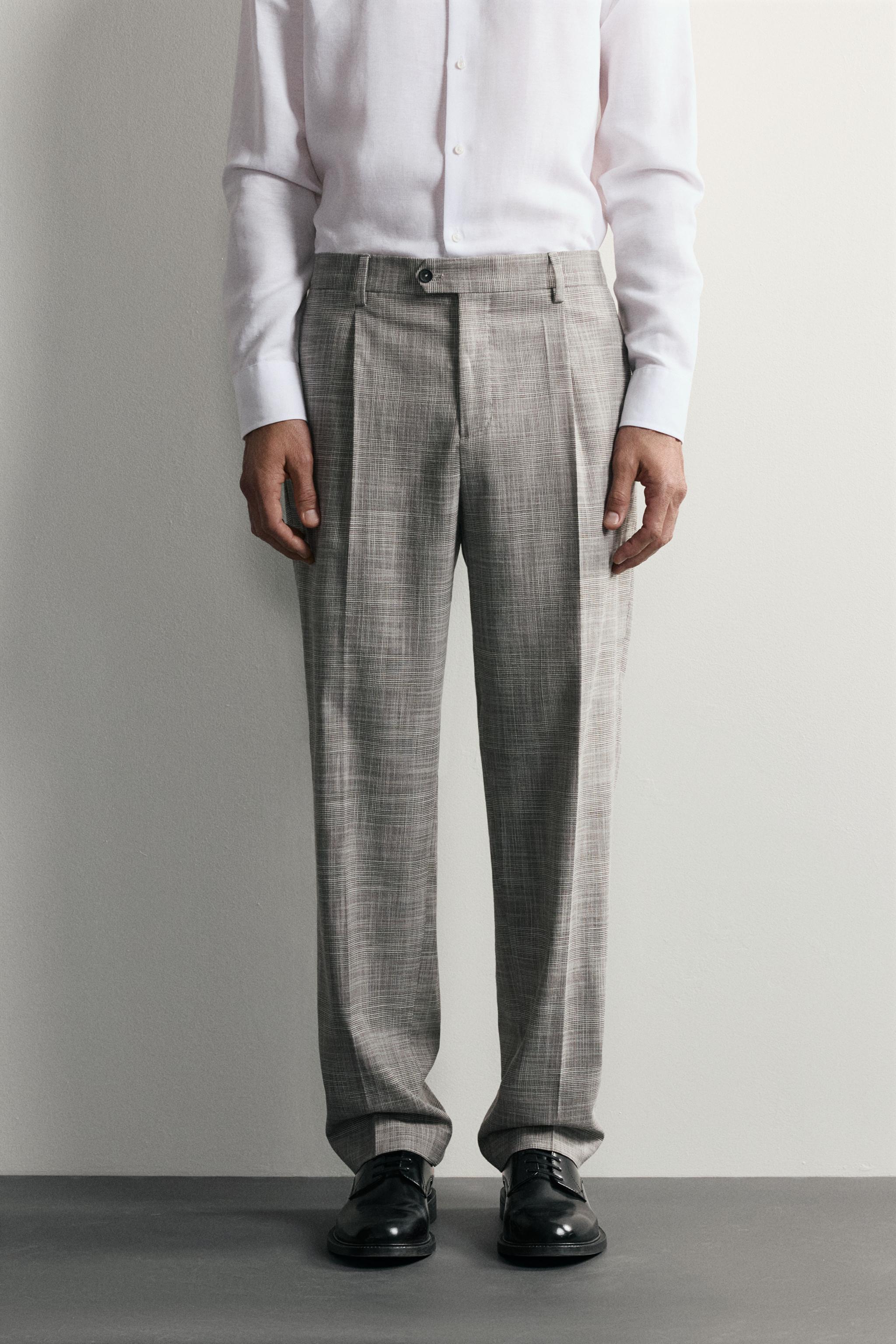 CHECKED WOOL BLEND PLEATED SUIT PANTS — Light gray (alternate view)