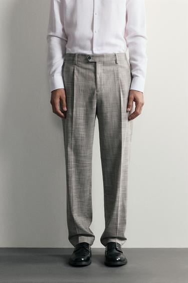 WOOL BLEND CHECK SUIT TROUSERS WITH PLEATS - Light grey by Zara