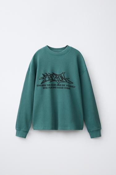 Zara PRINTED WAFFLE KNIT SHIRT - Petrol blue