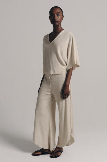 LINEN BLEND TROUSERS WITH SLITS - Sand by Zara