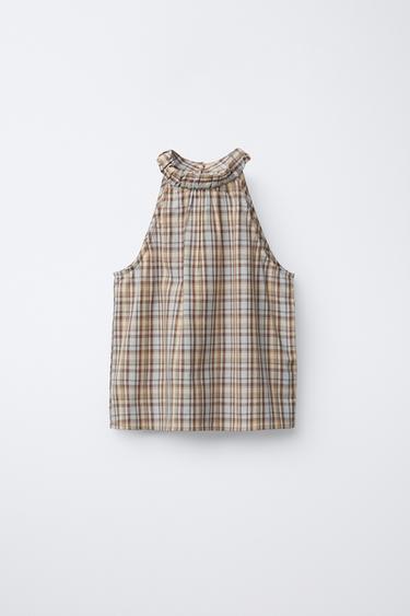 Zara PLAID HALTER NECK TOP - Ecru / Blue