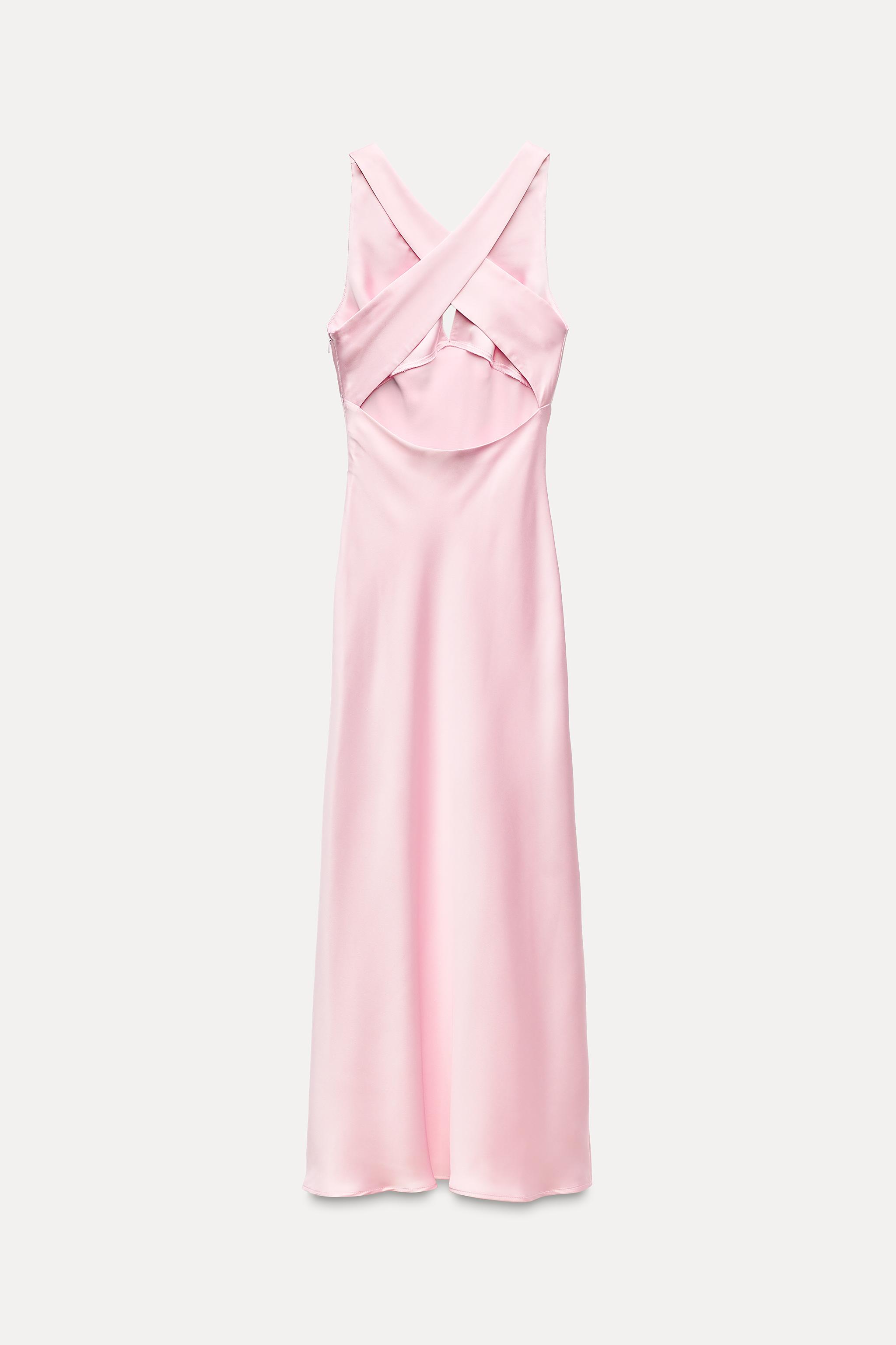 Zara deals Pink Satin Effect Midi Dress with Criss Cross Back Spaghetti Straps Size XL