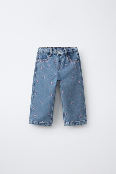 Zara EMBROIDERED FLORAL CULOTTE JEANS - Blue - Image 0