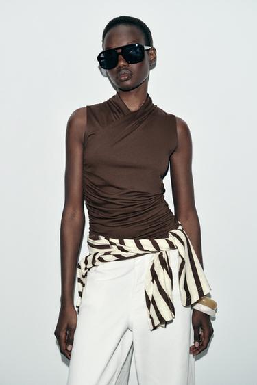 DRAPED GATHERED TOP - Brown by Zara - Image 1