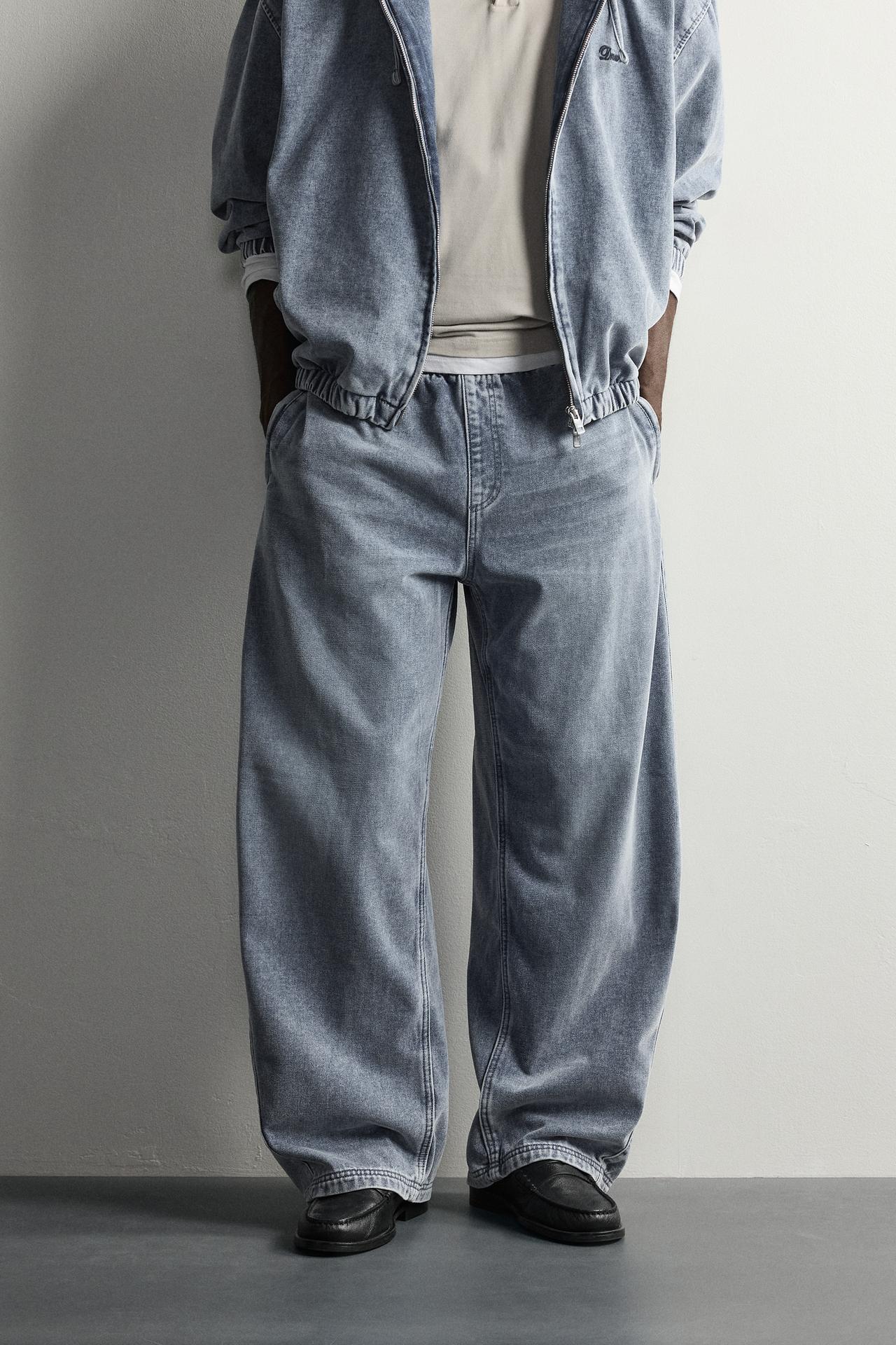 FLEECE DENIM BALLOON FIT PANTS — Light blue