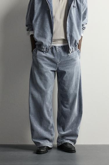 FLEECE DENIM BALLOON FIT PANTS — Light blue 2