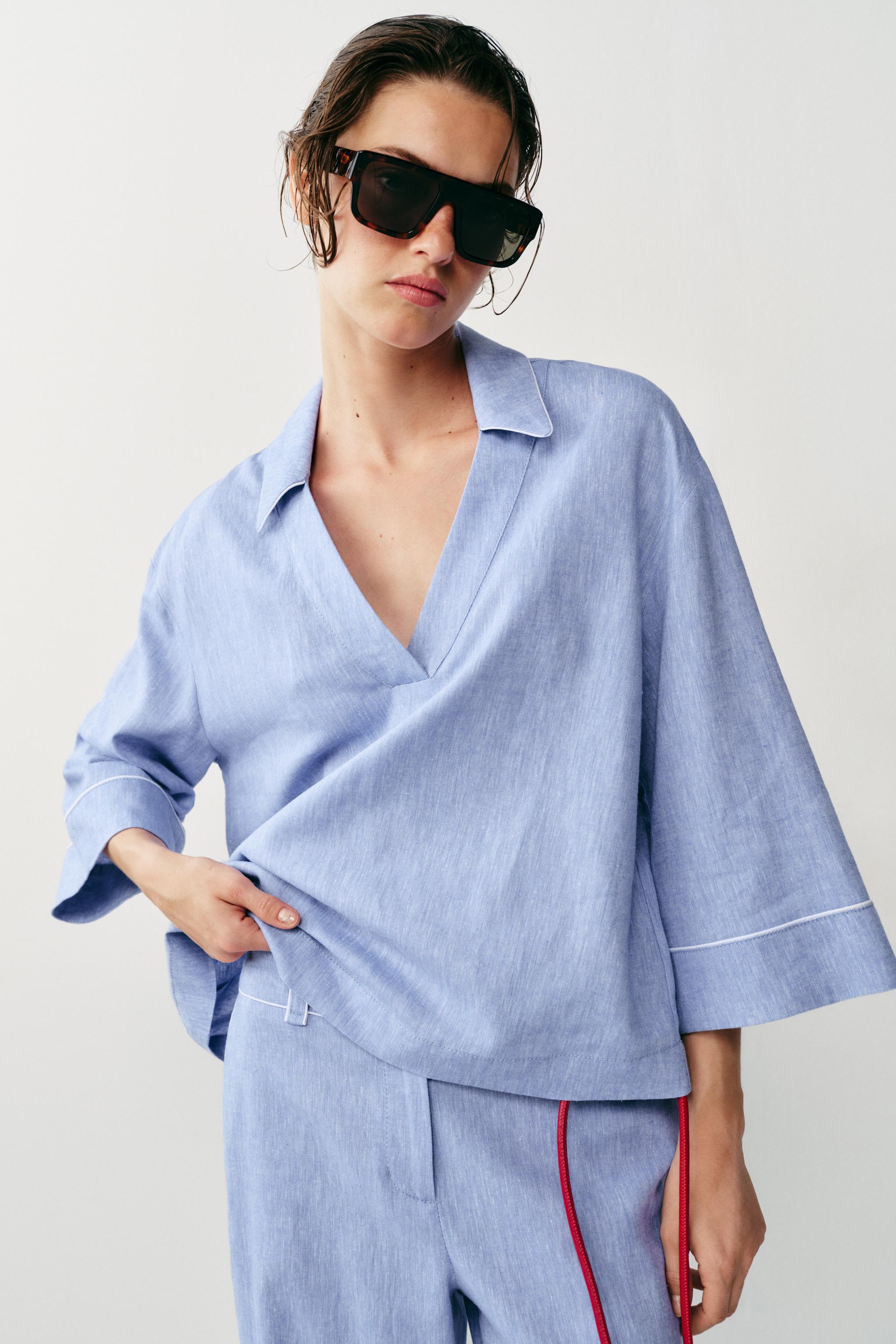 Женские блузки Zara LINEN BLOUSE WITH CONTRAST PIPING — фото 2
