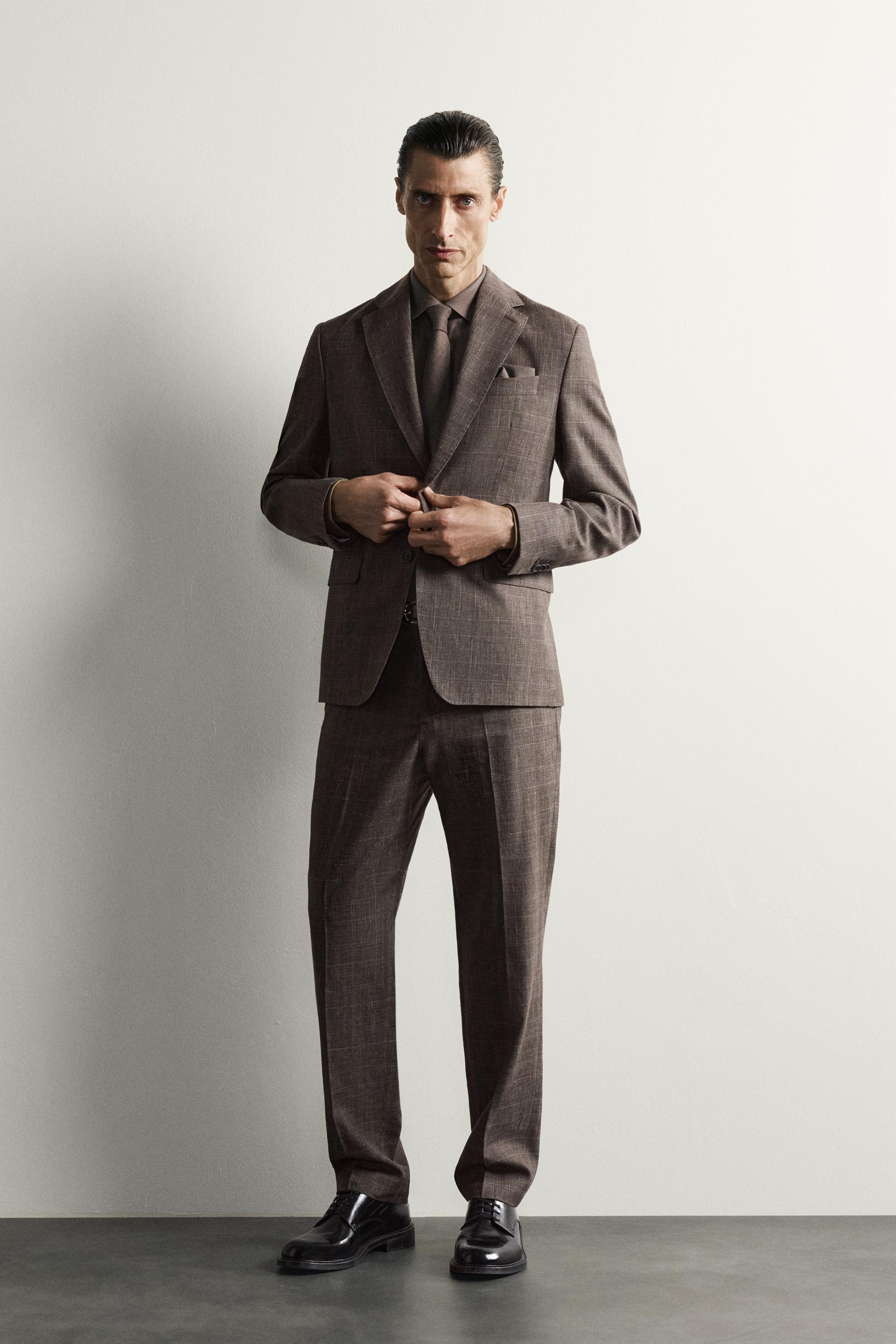 LINEN-WOOL CHECKERED SUIT JACKET - Brown | ZARA Canada