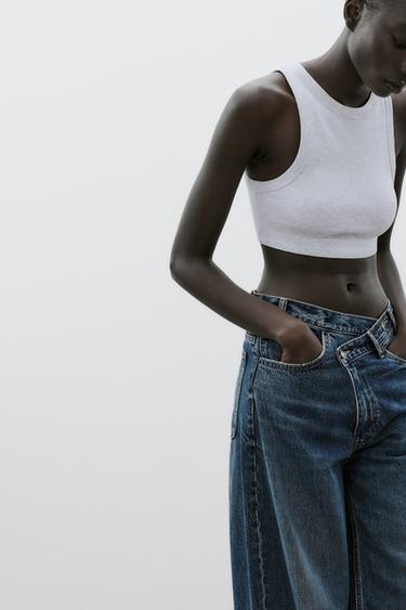 Zara STRAPPY RIBBED TOP - Gray marl