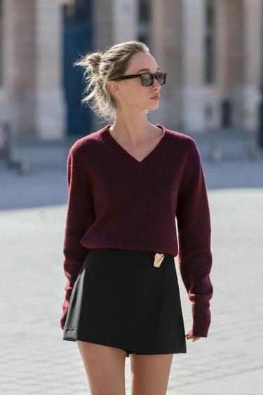Zara V-NECK KNIT SWEATER - Burgundy