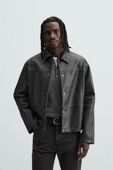 WASHED LEATHER EFFECT JACKET - Black / Green by Zara