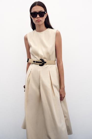 Zara BELTED POPLIN MIDI DRESS - Sand