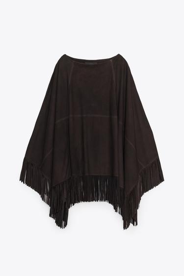 CAPE EN CUIR AVEC FRANGES - Marron de Zara - Image 4