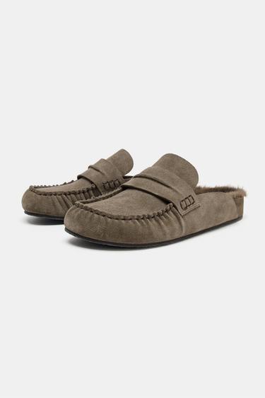 Zara LEATHER MULE CLOGS - Khaki Green