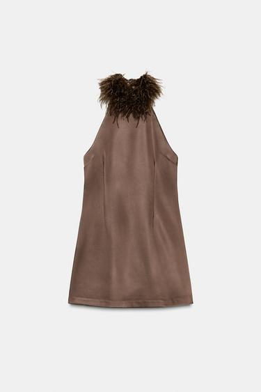 Zara FEATHER HALTER DRESS - Chocolate brown