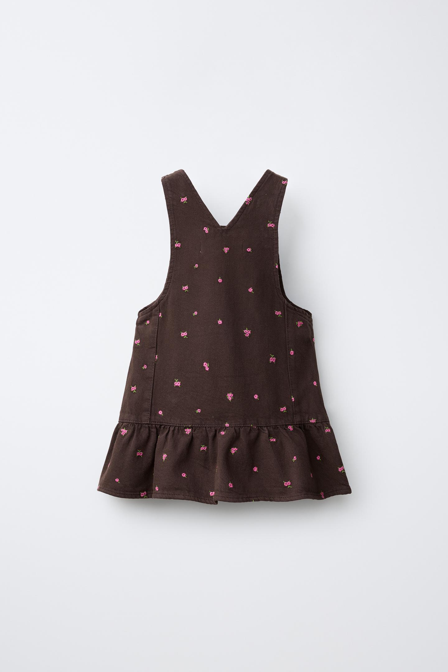 Детские джинсы Zara Embroidered Flower Twill Pinafore, цвет: Коричневый — фото 3