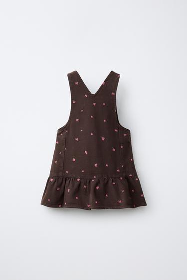 EMBROIDERED FLOWER TWILL PINAFORE — Brown 2