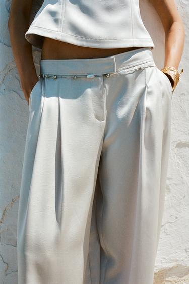 Zara SATIN WIDE LEG PANTS - Silver