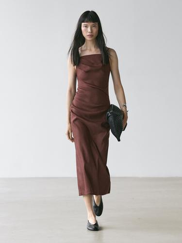 Zara Strappy stretch linen midi dress - Chocolate - Image 0
