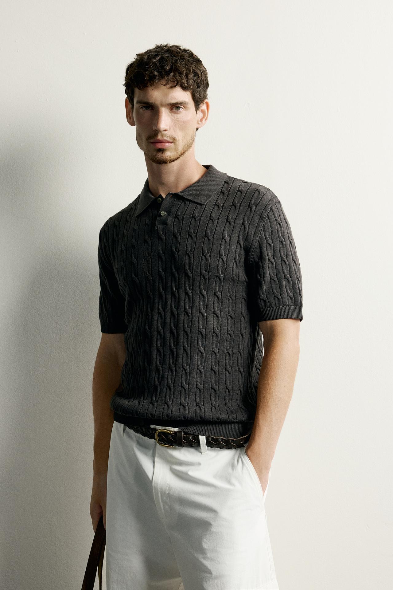 CABLE-KNIT POLO SHIRT — Chocolate