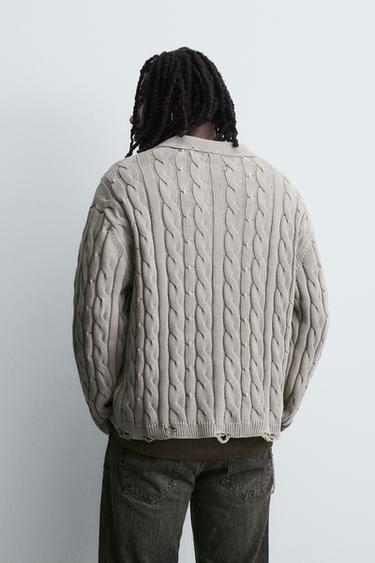CABLE KNIT POLO SHIRT WITH DISTRESSED EFFECT - Pearl grey by Zara - Image 2
