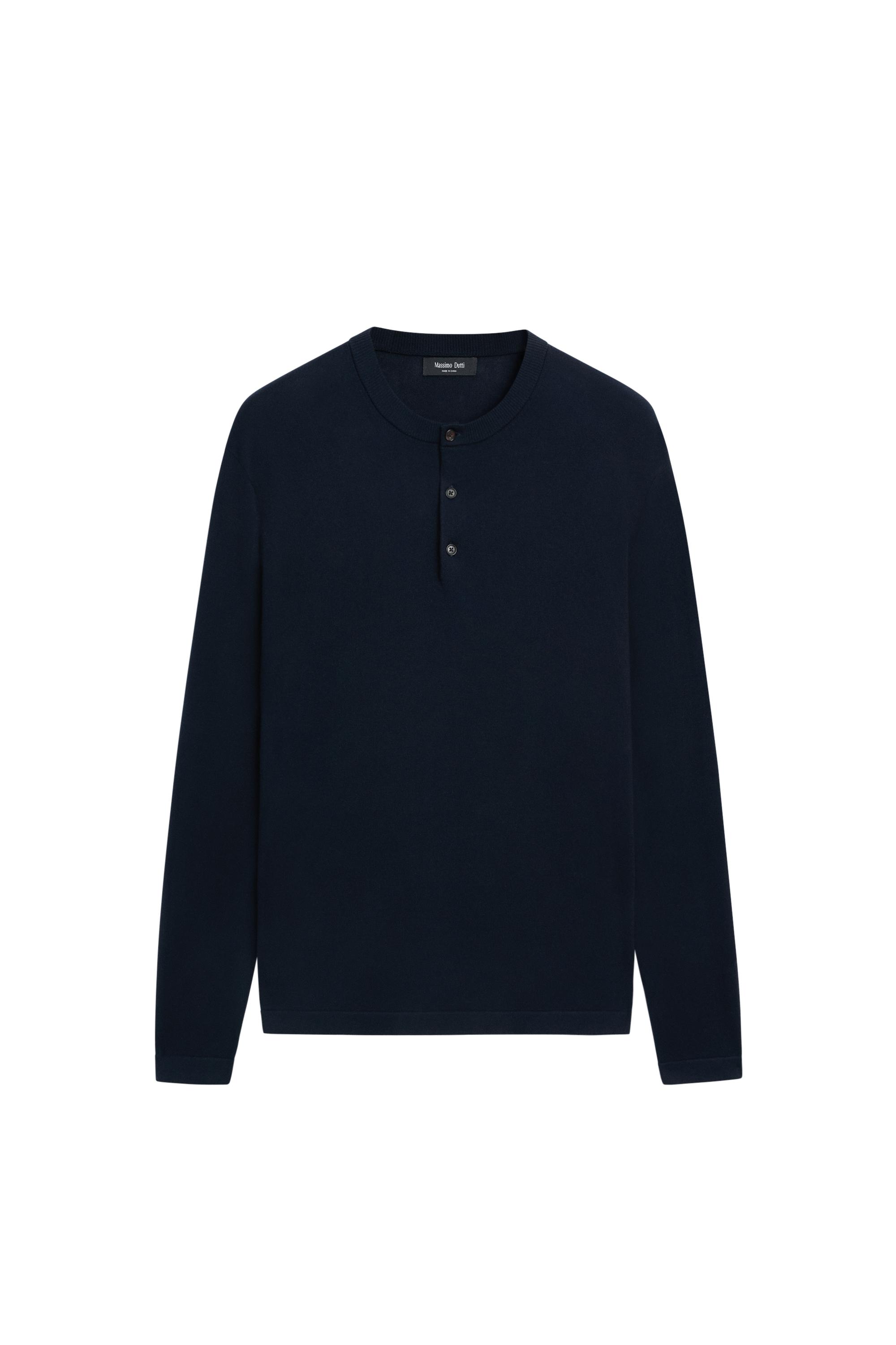 100% Cotton Henley Neck Knit Sweater — Navy blue