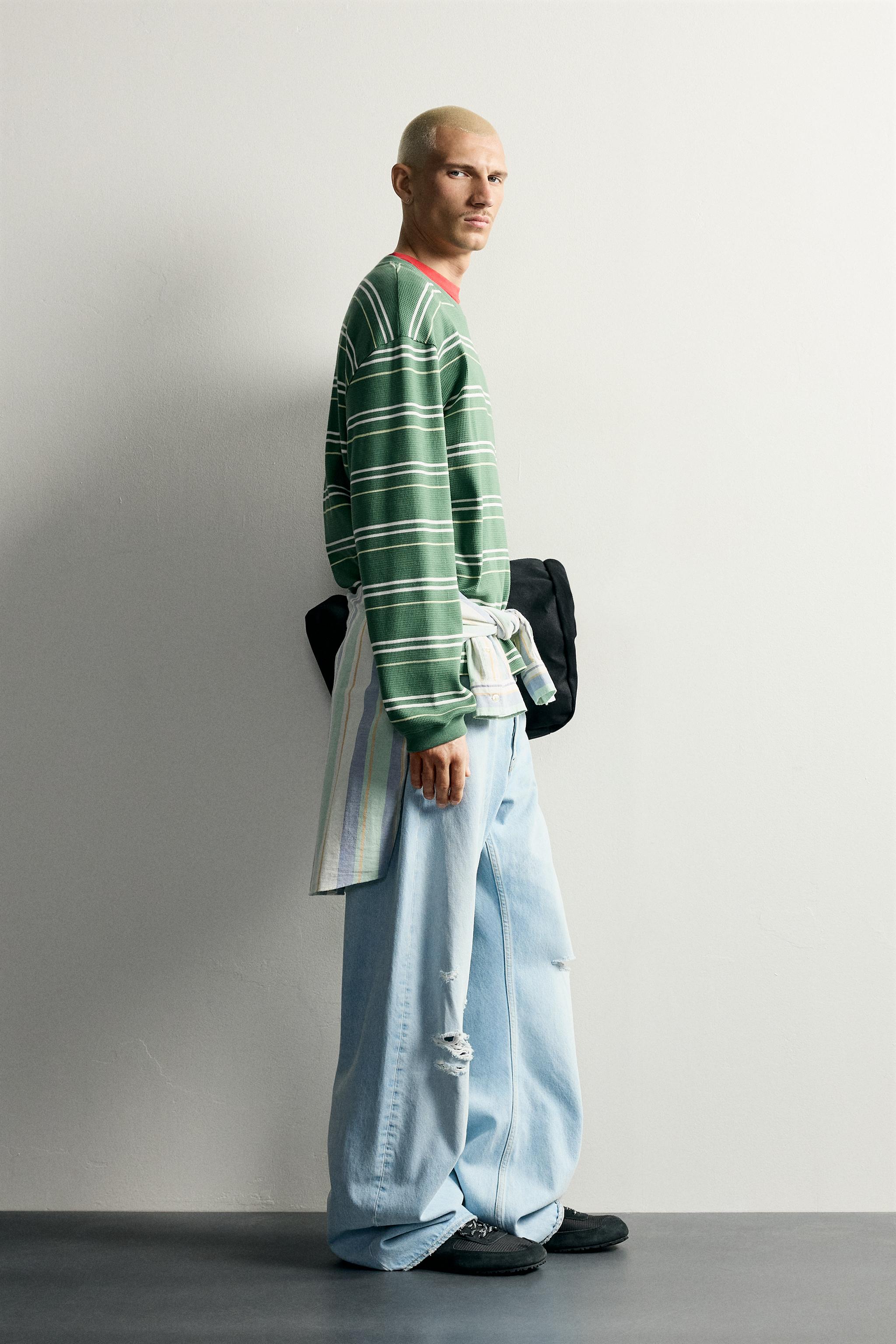 STRIPED WAFFLE KNIT SWEATSHIRT