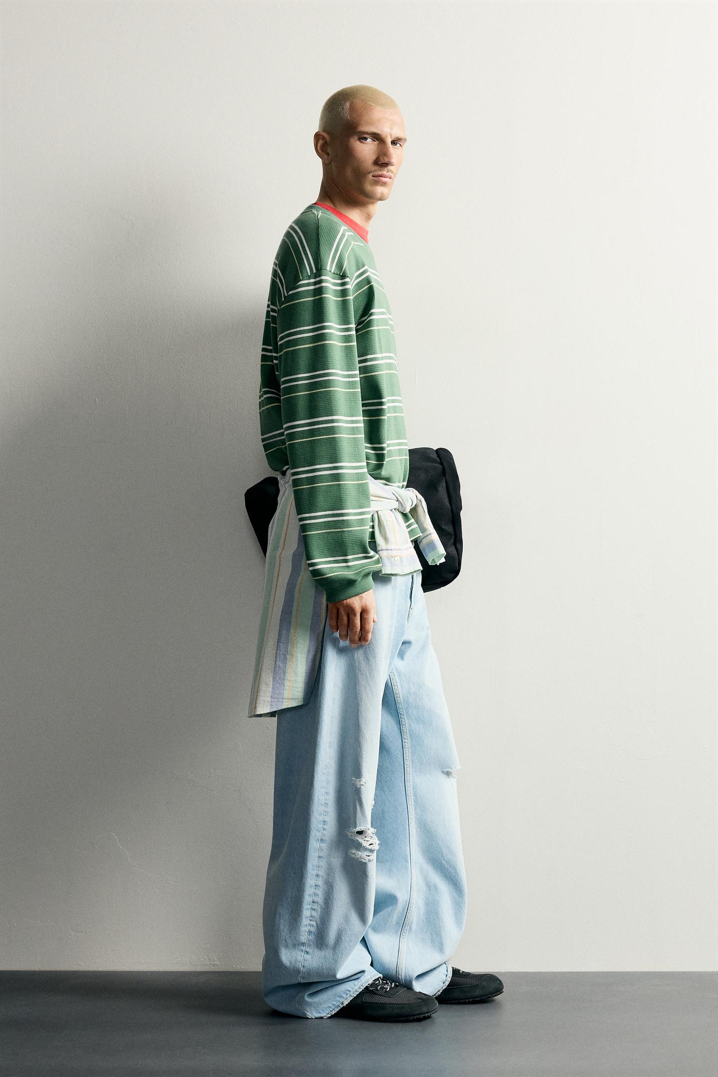 Мужская толстовка Zara Striped Waffle Knit, цвет: Зелёный / Экрю — фото 4