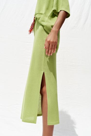 FALDA MIDI PUNTO - Verde de Zara